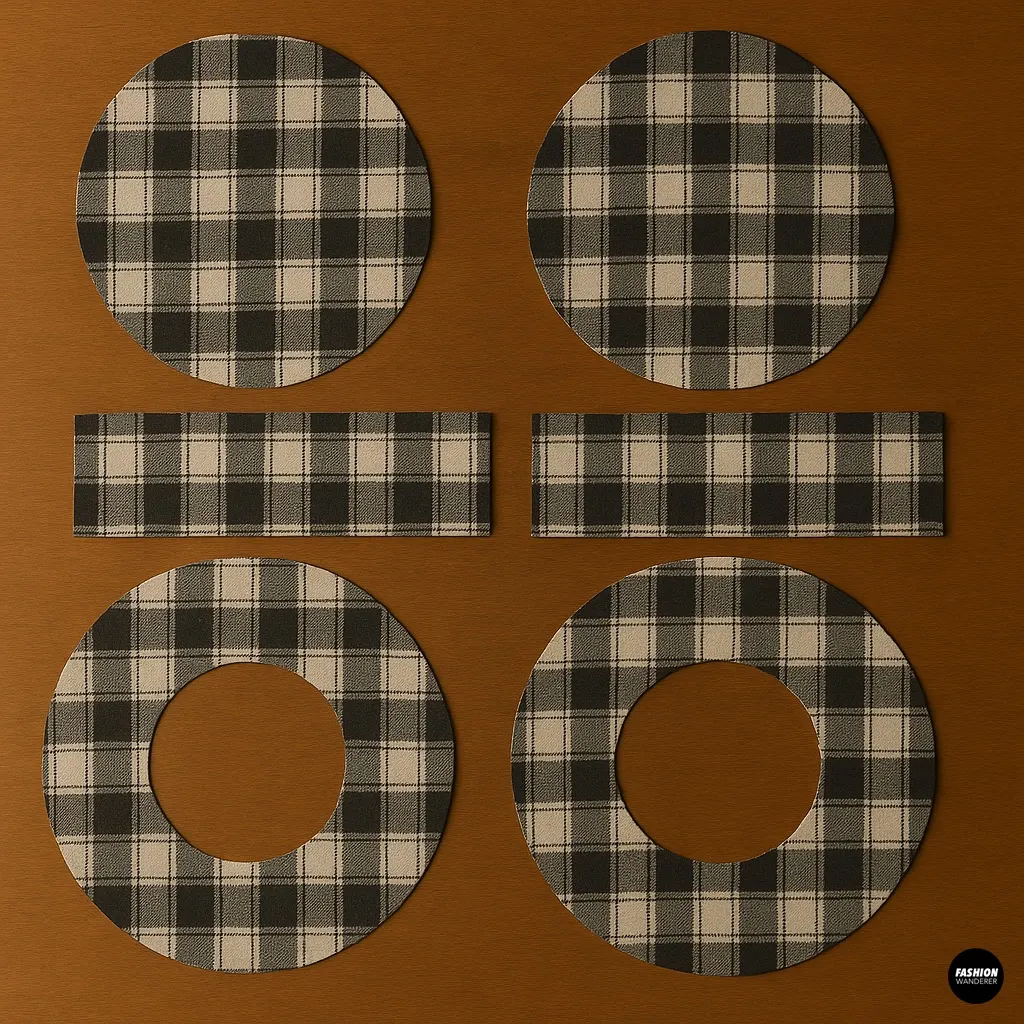 DIY tutorial photo of plaid fabric cut into bucket hat pieces including two crown circles, two side bands, and two circular brim pieces neatly arranged on wooden background.