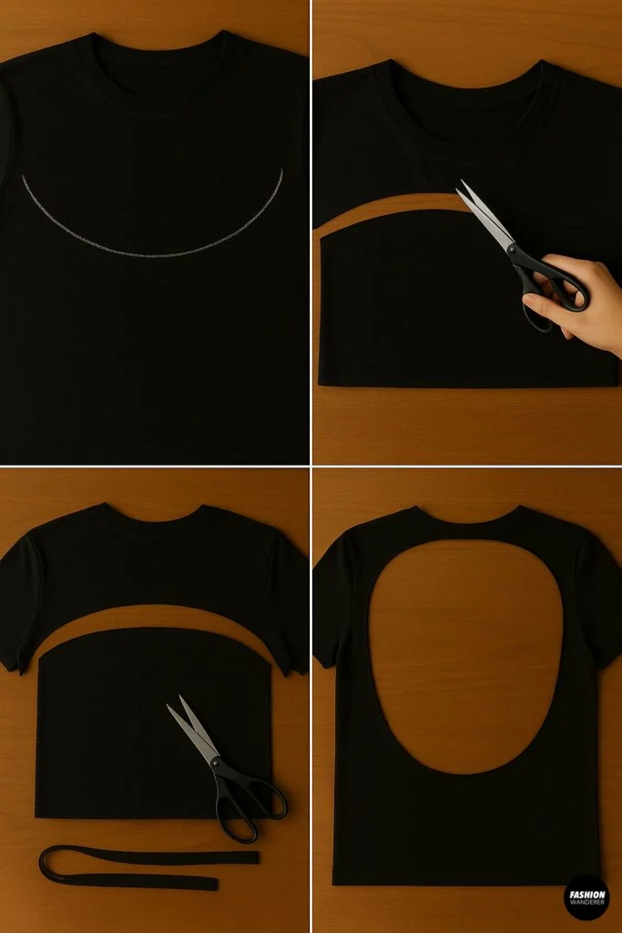 DIY backless T-shirt tutorial showing how to cut out the back panel with scissors, creating an open-back design.