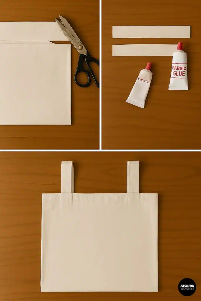 Collage of scissors and pillowcase fabric strips being cut and prepared to create handles for a no-sew tote bag.