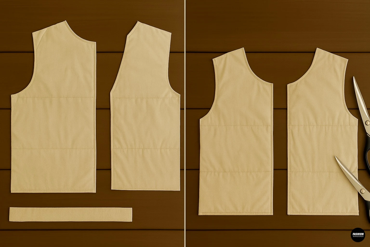 Cut quilted duvet panels laid flat with pattern pieces and scissors, showing front and back vest pieces cut from an old duvet.