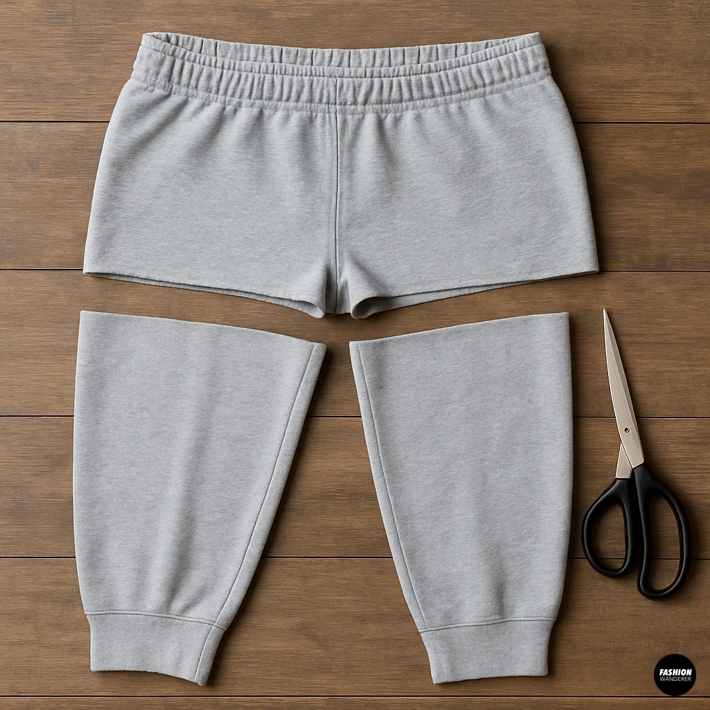DIY tutorial step showing grey sweatpants cut into shorts and separate leg pieces on a wooden table with fabric scissors for upcycling into a tube top and arm warmers.