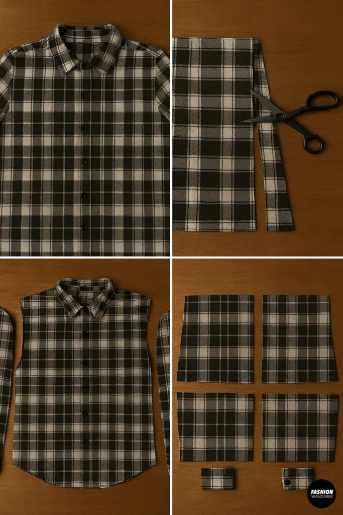 Step-by-step collage of deconstructing a plaid shirt for DIY bucket hat, showing cutting along seams, removing sleeves, collar, cuffs, and separating panels into flat fabric pieces.