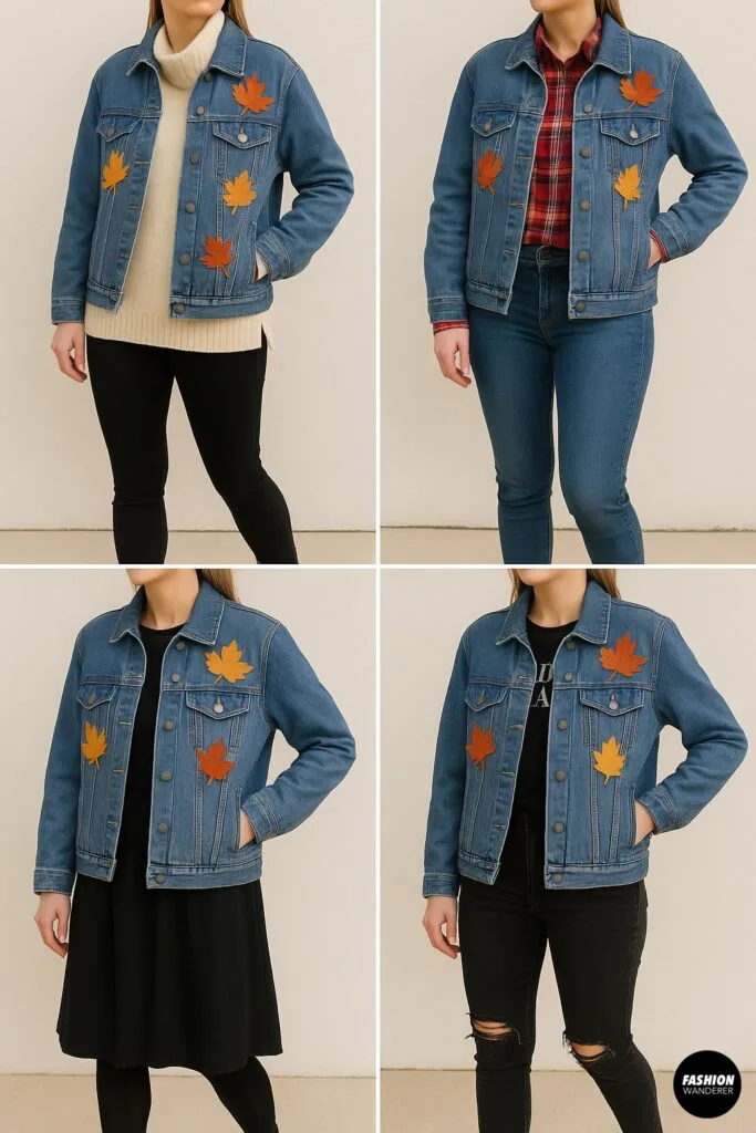 Four outfit ideas featuring denim jackets decorated with fall fabric leaves, styled with cozy turtleneck sweater and leggings, plaid shirt and jeans, black dress, and ripped skinny jeans.
