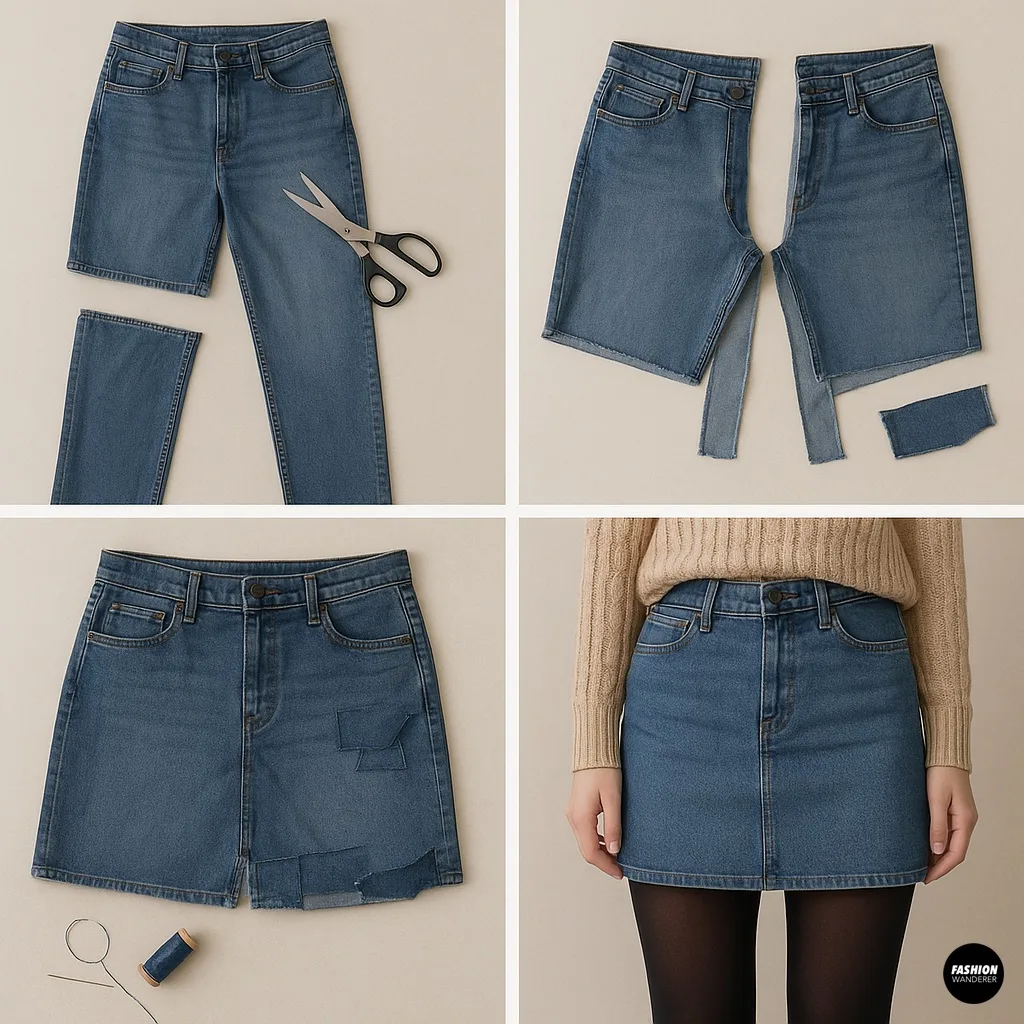 Step-by-step process of turning old jeans into a DIY denim mini skirt with patch details and clean hem.