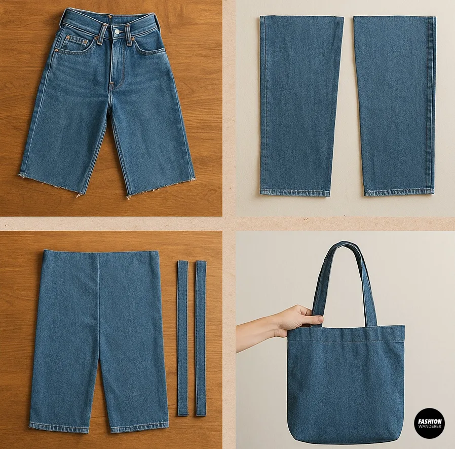 Tutorial collage showing how to cut and sew old jeans into a sturdy DIY denim tote bag with straps.