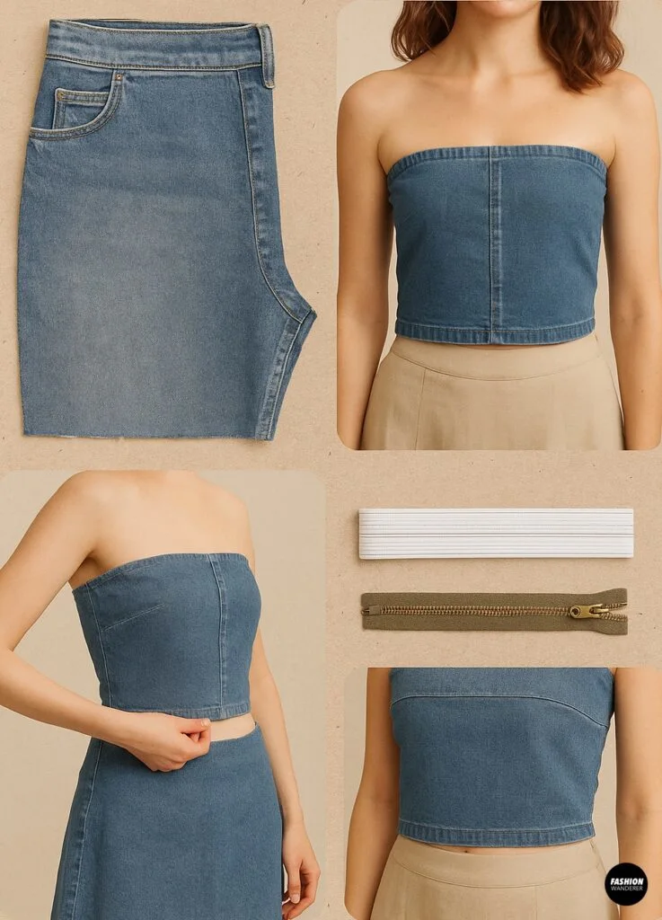 How to transform old jeans into a denim tube top with elastic or zipper closure for a trendy Y2K-inspired outfit.