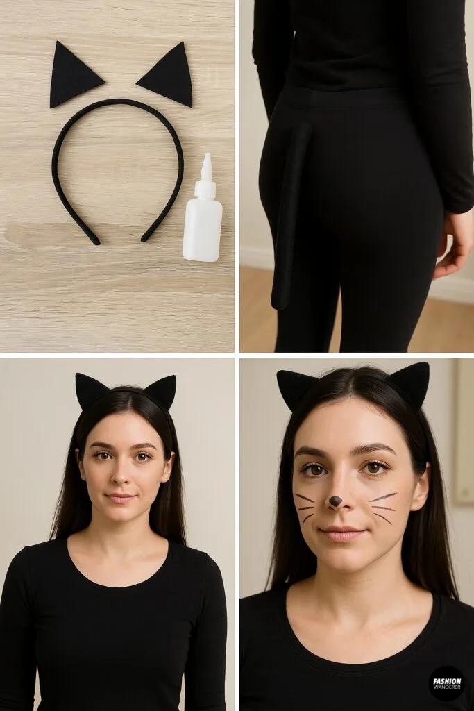 DIY cat costume tutorial showing black headband with felt ears, glued black tail, and simple whisker makeup for a quick no-sew Halloween cat outfit.