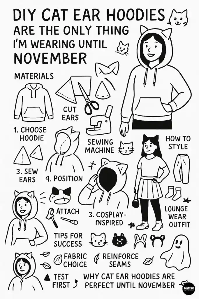 Black and white step-by-step infographic showing how to make a DIY cat ear hoodie with illustrations of hoodie, fabric triangles, sewing, and styling ideas for casual and cosplay outfits.