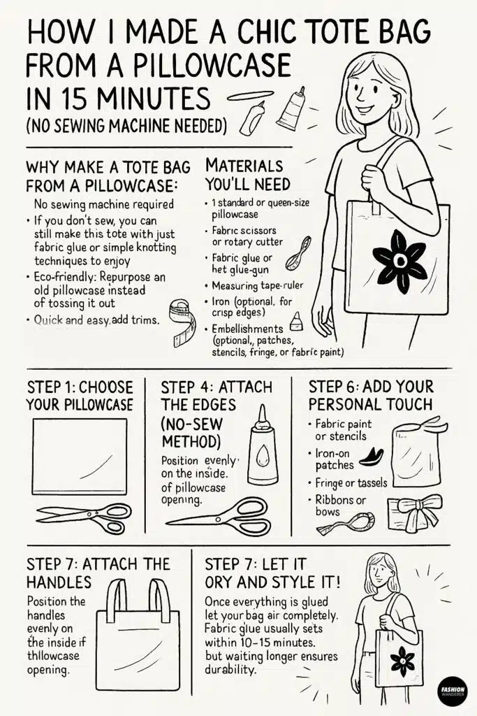 Black and white hand-drawn Pinterest infographic showing step-by-step tutorial on how to make a chic tote bag from a pillowcase in 15 minutes without sewing.