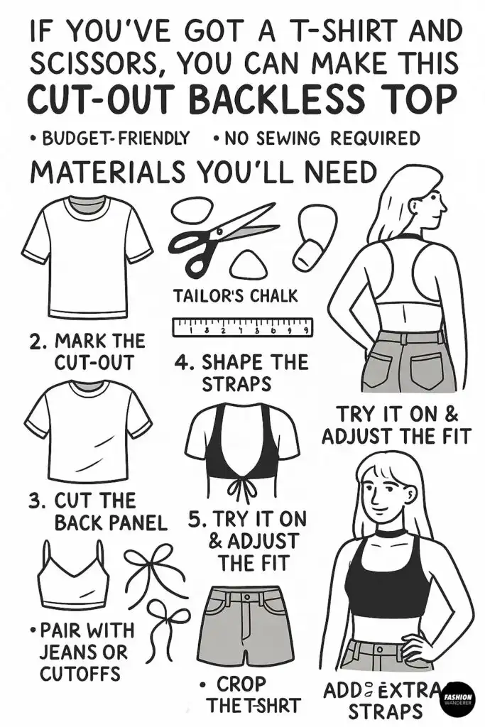 Step-by-step infographic showing how to make a DIY cut-out backless top from a T-shirt with scissors, chalk, and ruler. No sewing required tutorial with illustrated steps.