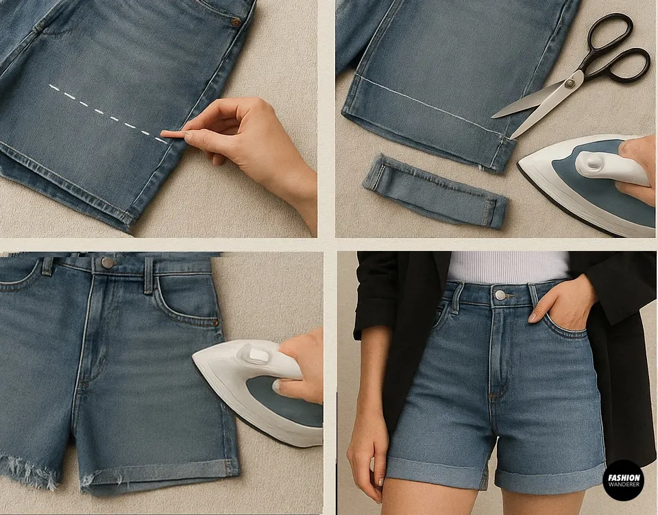 Step-by-step tutorial collage showing how to cut old jeans into DIY denim shorts with raw hem and cuffed style options.
