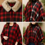 Collage of red and black plaid no-sew poncho styling ideas, including faux fur collar, reversible plaid cape, blanket scarf wrap, and holiday gift cape outfit.