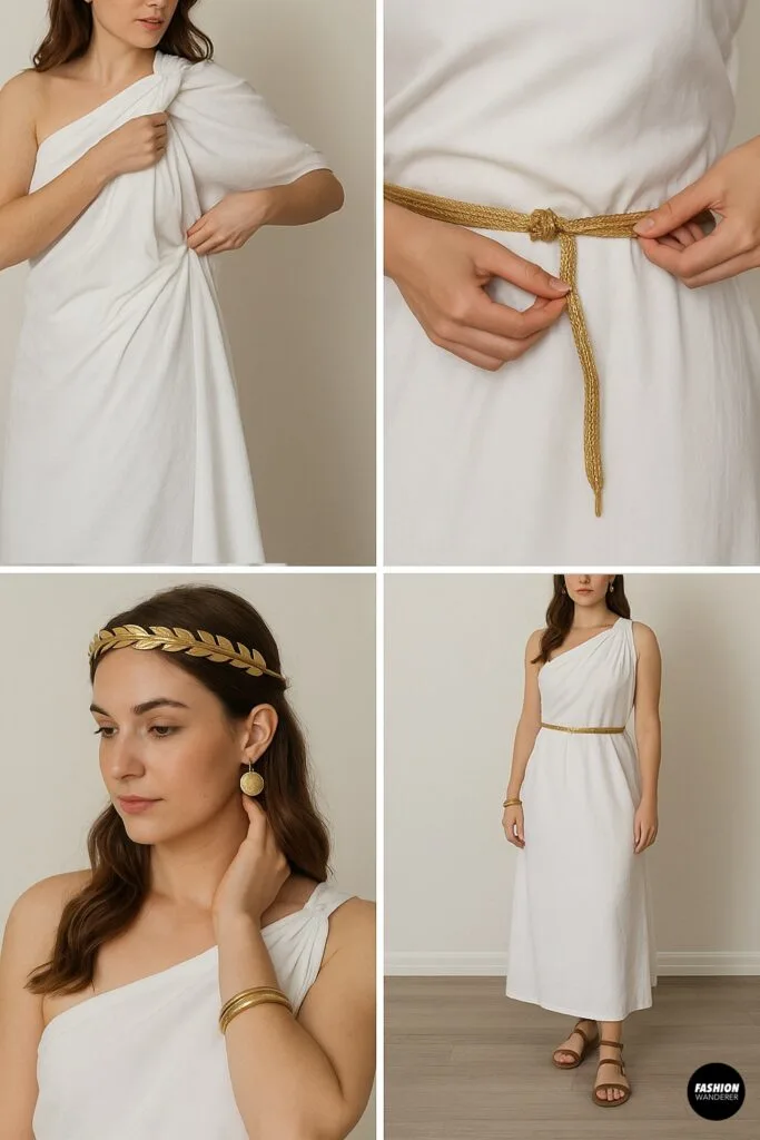 DIY Greek goddess costume made from a white sheet draped toga-style with a gold belt, laurel headband, and jewelry, creating an elegant no-sew Halloween costume.