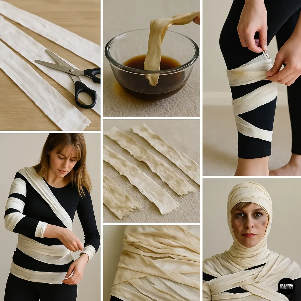 Step-by-step DIY mummy costume tutorial using fabric strips dipped in tea for an aged effect, wrapped around a black outfit to create a no-sew Halloween mummy look.