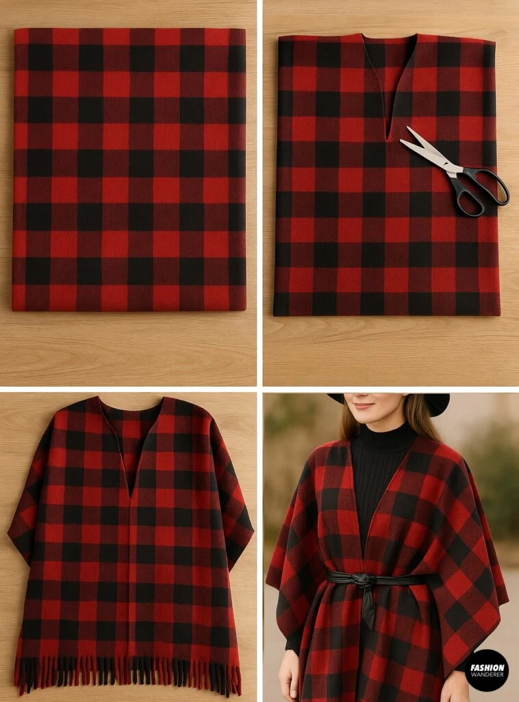 Step-by-step DIY no-sew plaid blanket cape tutorial with folding, cutting neck opening, adding fringe, and styling finished cape with belt for fall fashion.