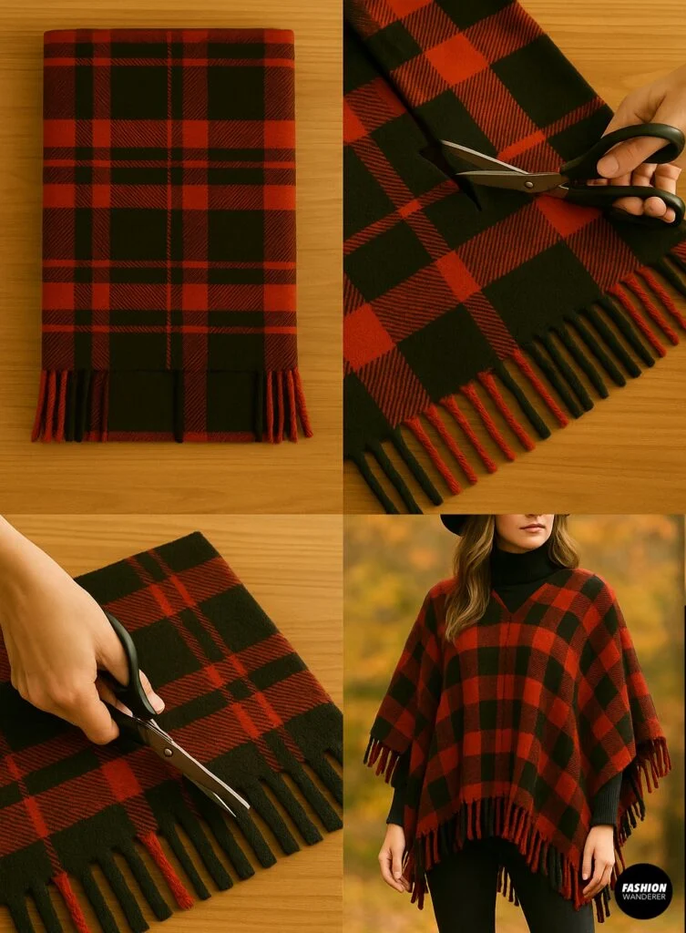 Step-by-step photo collage of making a no-sew plaid blanket poncho, from folding and cutting neck hole, adding fringe, to wearing the finished poncho outdoors.