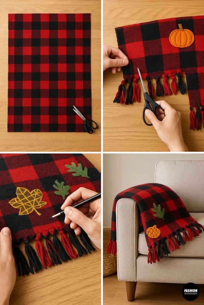 Step-by-step DIY no-sew plaid blanket throw tutorial showing cutting, adding fringe, applying felt leaves and pumpkin appliqu&eacute;s, and finished throw on a couch.