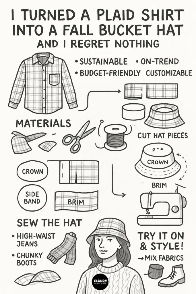 Black and white hand-drawn infographic showing step-by-step tutorial to upcycle a plaid shirt into a fall bucket hat, with illustrations of shirt, fabric pieces, sewing machine, and styling ideas.