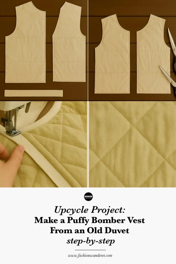 Step-by-step DIY upcycle to Make a Puffy Bomber Vest from an Old Duvet.