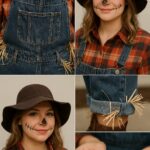 DIY scarecrow costume made with denim overalls, plaid shirt, straw accents pinned at cuffs, floppy hat, and stitched face makeup for an easy no-sew Halloween look.