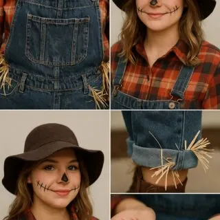 DIY scarecrow costume made with denim overalls, plaid shirt, straw accents pinned at cuffs, floppy hat, and stitched face makeup for an easy no-sew Halloween look.