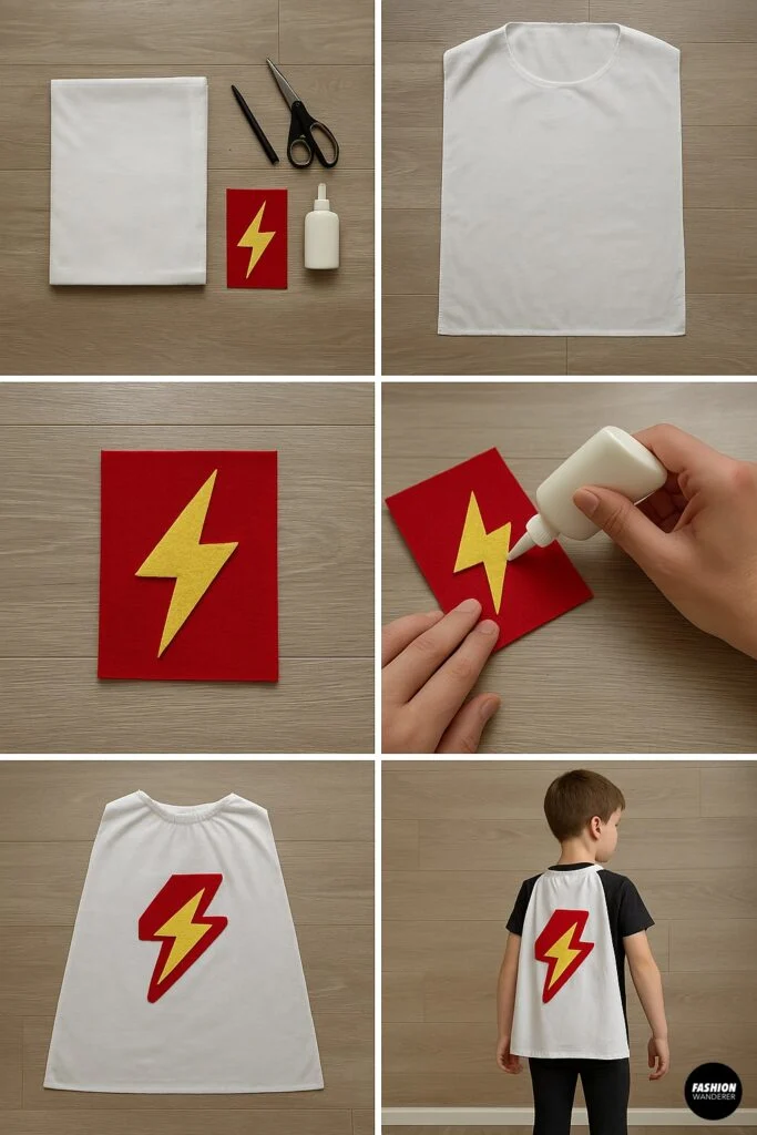 DIY superhero cape tutorial with white fabric, scissors, felt lightning bolt appliqué, and glue, finished cape worn by a child for a simple no-sew Halloween costume.
