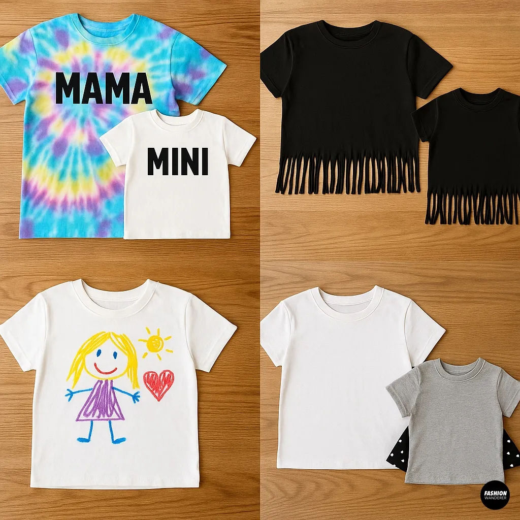 DIY T-shirt variations including tie-dye, hand-drawn kids&rsquo; art, fringe cut crop tops, and layered two-tone shirt designs for Mommy & Me matching sets.