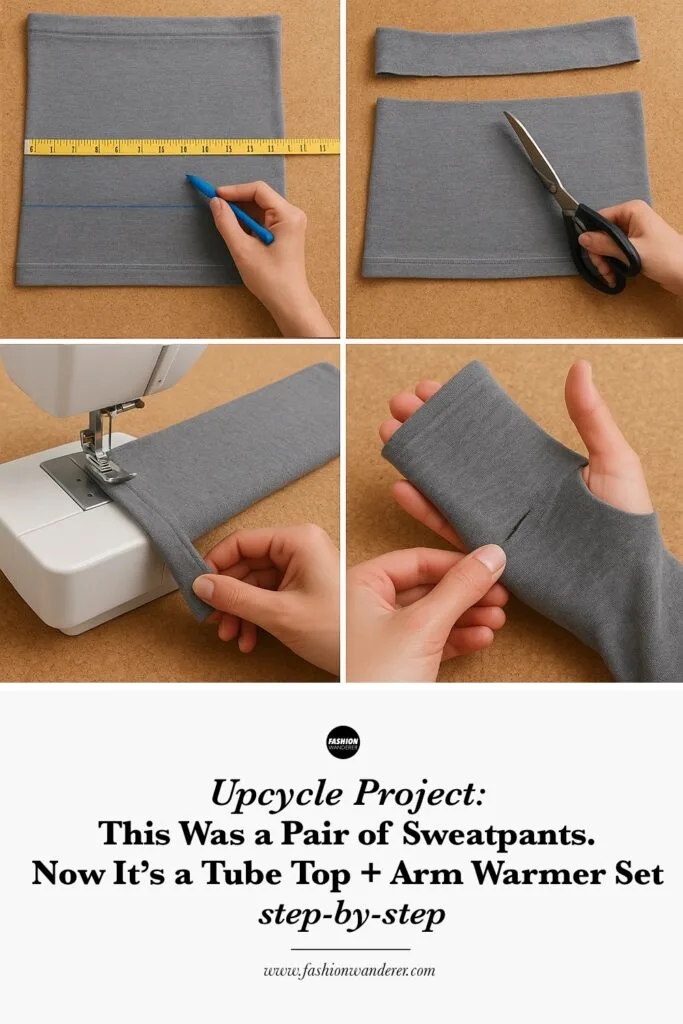 Step-by-step tutorial to upcycle sweatpants into a tube top and arm warmer set