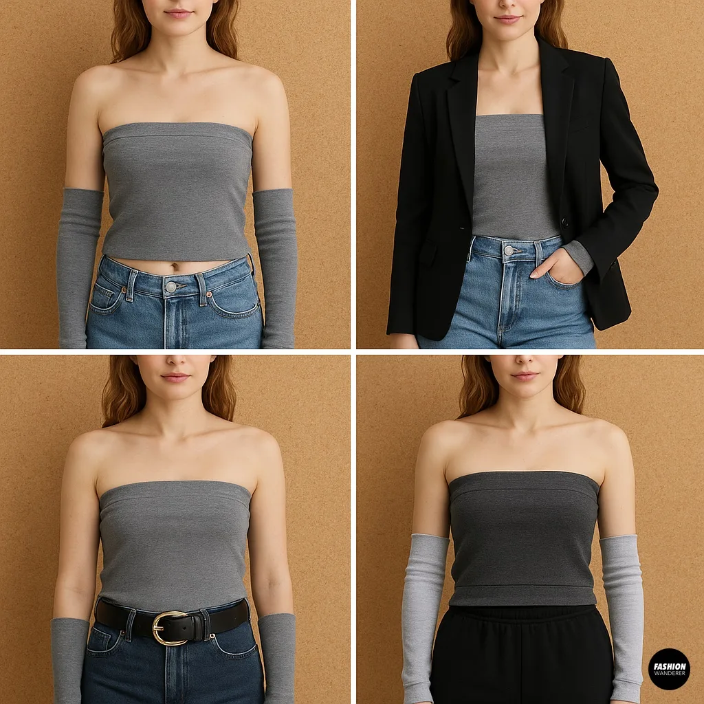 Fashion styling ideas for DIY grey tube top and arm warmer set, paired with jeans, blazer, belt, and casual pants for different outfit looks.