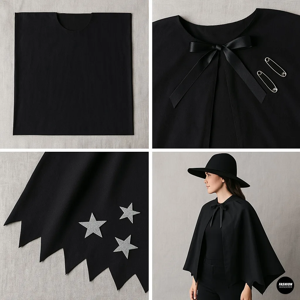 No-sew witch cape tutorial showing black fabric cut with a neck hole, ribbon tie, and safety pins, decorated with star cutouts and styled with a black hat for an easy DIY Halloween costume.