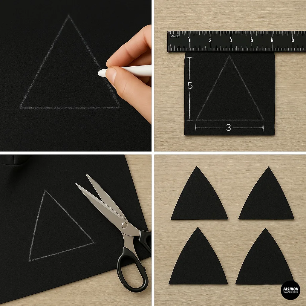 Step-by-step tutorial images showing how to draft and cut fabric triangles with chalk and scissors to make DIY cat ears for a hoodie.