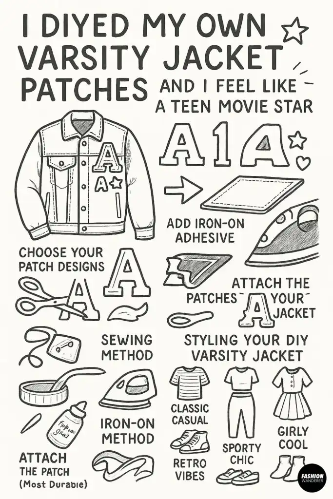 Black and white hand-drawn infographic titled &ldquo;I DIYed My Own Varsity Jacket Patches and I Feel Like a Teen Movie Star.&rdquo; Step-by-step illustrations show how to design varsity patches, add iron-on adhesive, cut fabric pieces, and attach patches to a jacket using sewing, iron-on, or fabric glue methods. Includes styling ideas like classic casual, sporty chic, retro vibes, and girly cool.