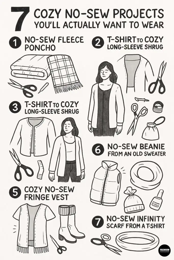 Black and white illustrated infographic titled “7 Cozy No-Sew Projects You’ll Actually Want to Wear,” featuring DIY ideas like a fleece poncho, T-shirt shrug, fringe vest, beanie, and infinity scarf with step icons and sketches.