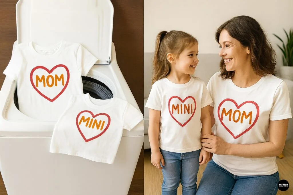 Mother and daughter wearing matching Mommy & Me T-shirts styled for different occasions: casual day out, photo shoot ready, home day, and holiday vibes.