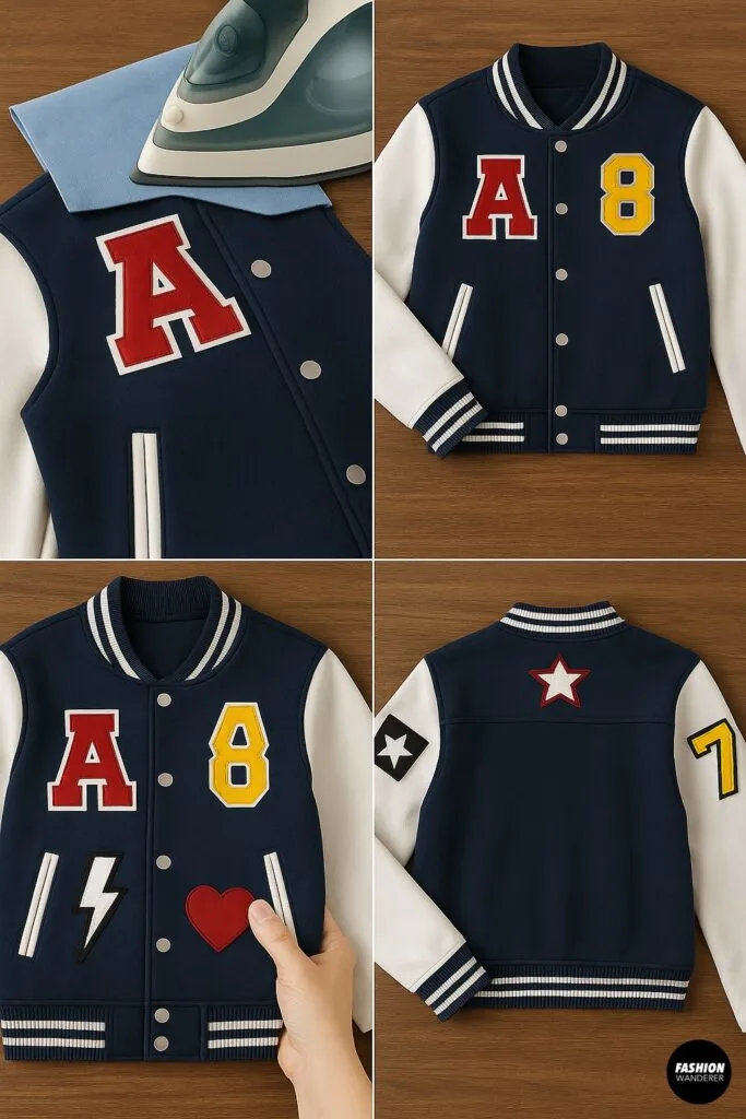 Navy varsity jacket with red letter A, yellow 8, heart, star, and lightning bolt patches applied to front and back panels.