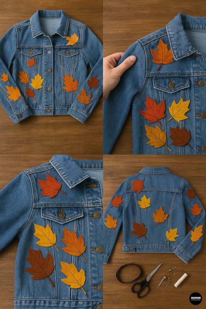 Final step of DIY denim jacket project, showing finished denim jacket with colorful autumn leaves sewn on sleeves, back, and front, laid flat on wooden surface with sewing tools.
