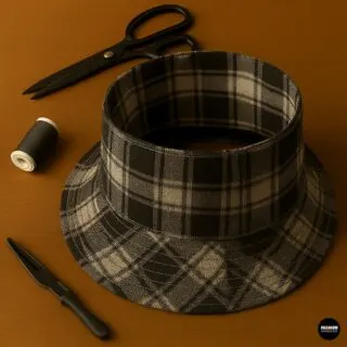DIY bucket hat tutorial step showing plaid hat brim reinforced with parallel topstitching, sewing tools including scissors and thread nearby on wooden background.