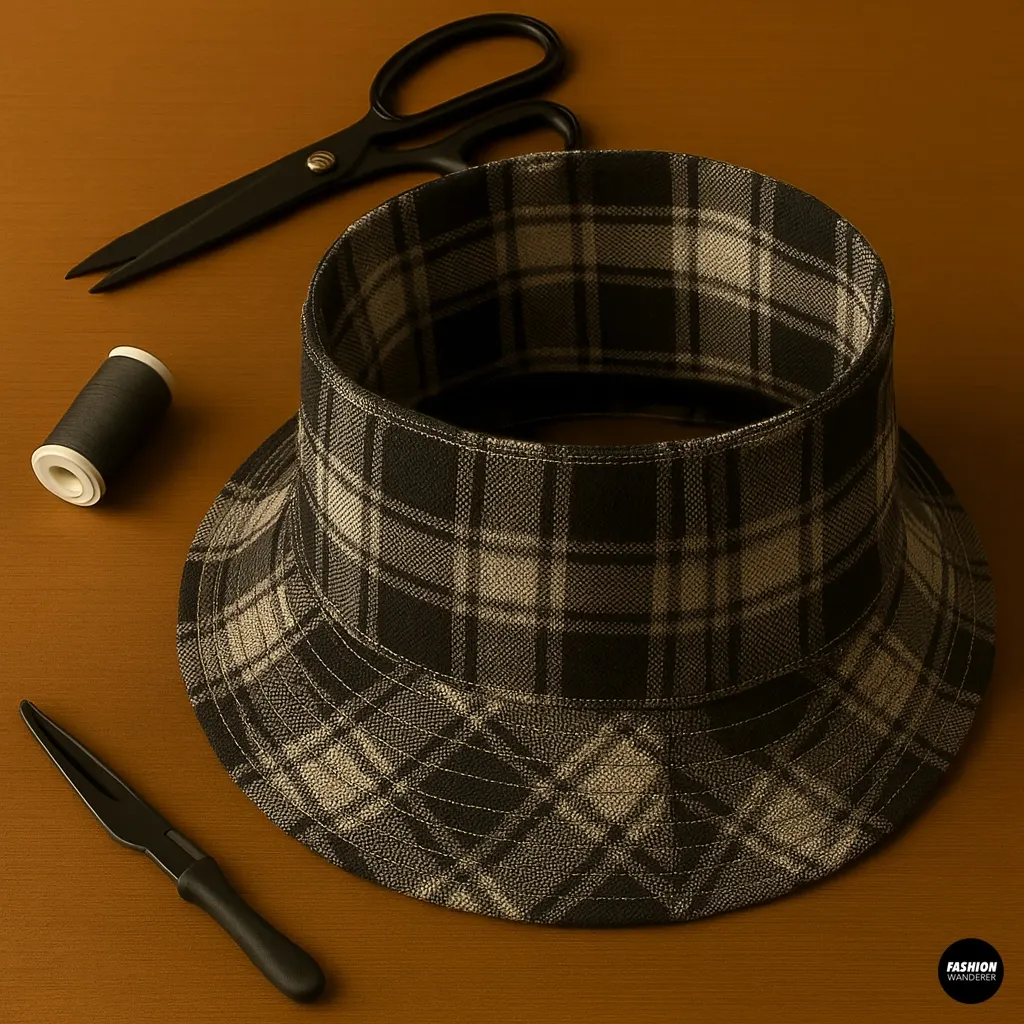 DIY bucket hat tutorial step showing plaid hat brim reinforced with parallel topstitching, sewing tools including scissors and thread nearby on wooden background.