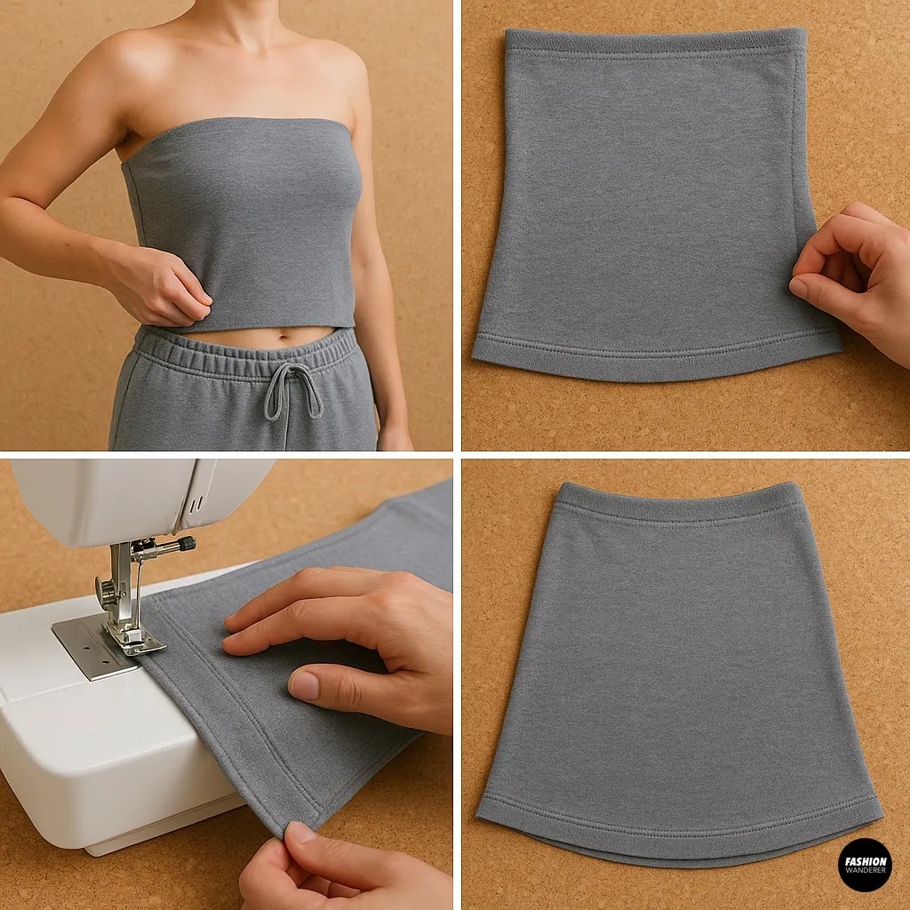 Finished grey tube top styled as a crop top from sweatpants, sewing final hems, pressing seams, and checking fit with elasticized edges.