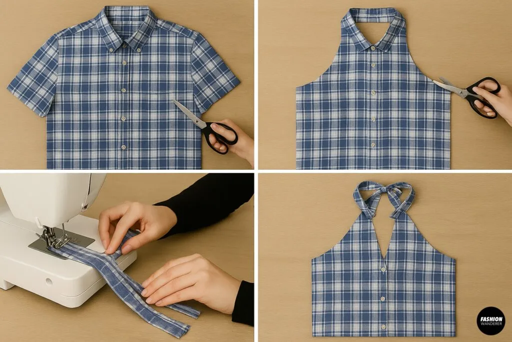 Step-by-step tutorial for making a halter neck tank from a men&rsquo;s button-up shirt, including cutting sleeves and neckline, sewing fabric ties, and finishing with a tied halter top design.