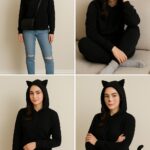 Four-photo collage showing how to style a DIY cat ear hoodie: casual look with jeans and crossbody bag, cozy loungewear with leggings, school outfit with pleated skirt, and Halloween costume with cat makeup and tail.