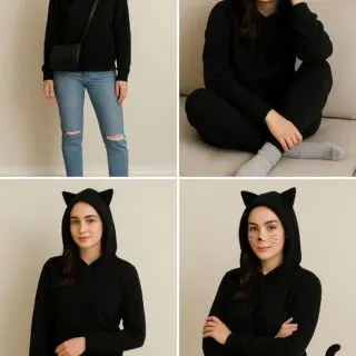 Four-photo collage showing how to style a DIY cat ear hoodie: casual look with jeans and crossbody bag, cozy loungewear with leggings, school outfit with pleated skirt, and Halloween costume with cat makeup and tail.