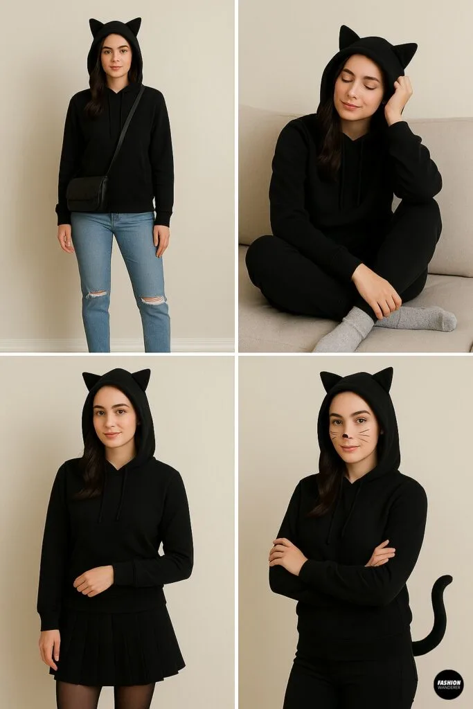 Four-photo collage showing how to style a DIY cat ear hoodie: casual look with jeans and crossbody bag, cozy loungewear with leggings, school outfit with pleated skirt, and Halloween costume with cat makeup and tail.