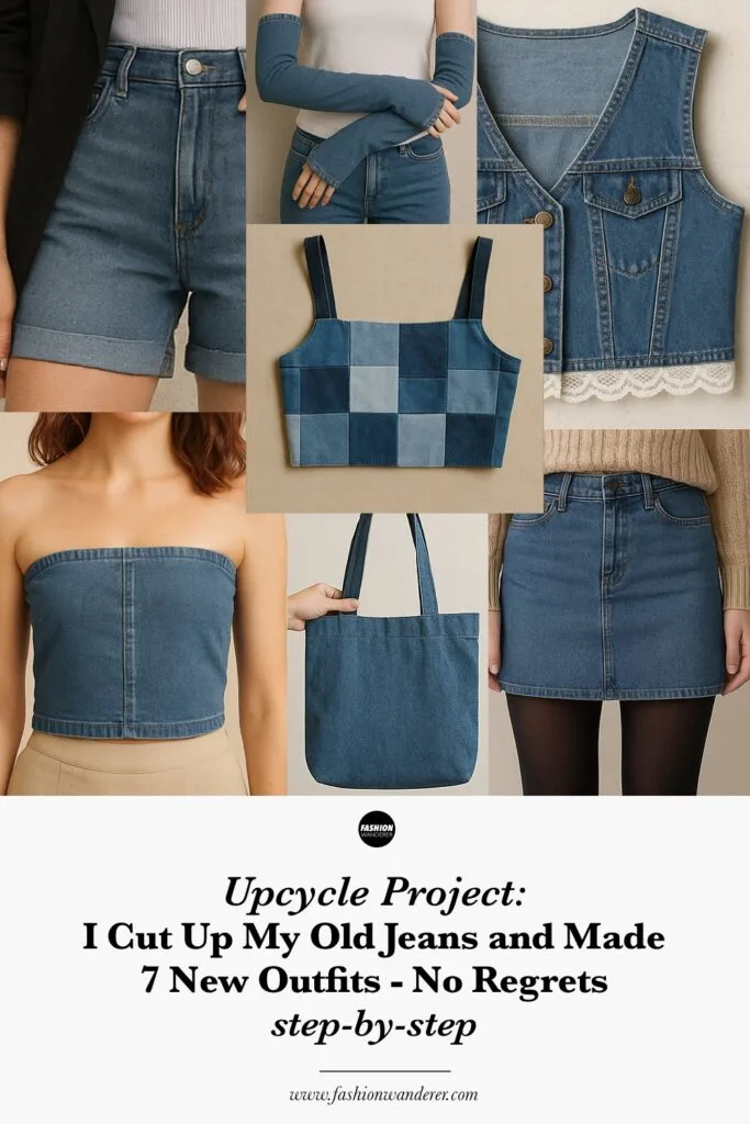 Pinterest ready infographic showing seven DIY denim upcycle projects: shorts, vest, tube top, arm warmers, mini skirt, patchwork crop top, and tote bag.
