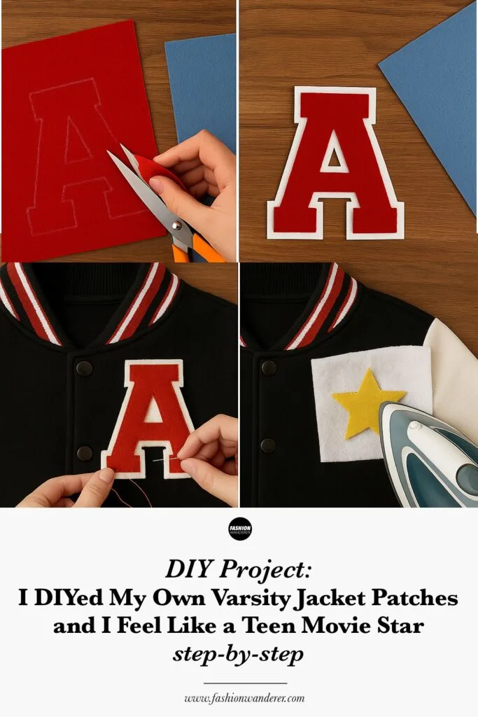 Step-by-step instructions for how to design varsity patches, add iron-on adhesive, cut fabric pieces, and attach patches to a jacket using sewing, iron-on, or fabric glue methods.
