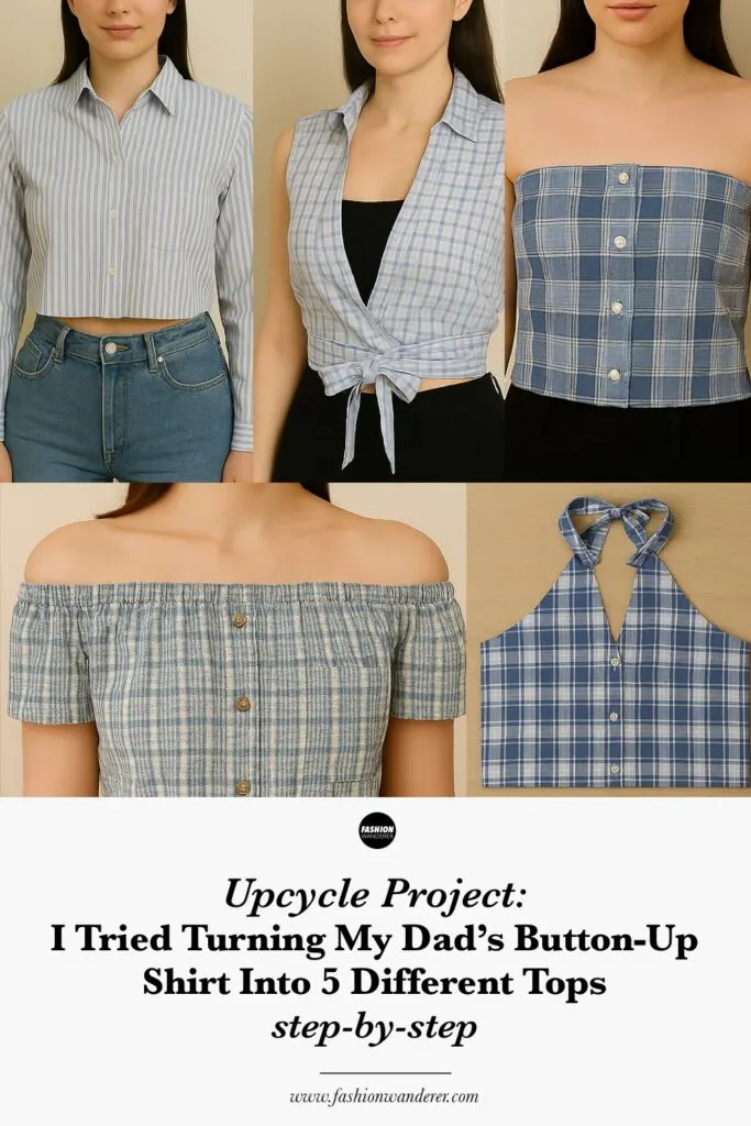 Infographic showing how to upcycle a men&rsquo;s button-up shirt into five DIY tops: cropped shirt, off-the-shoulder blouse, wrap tie top, halter neck tank, and tube top.