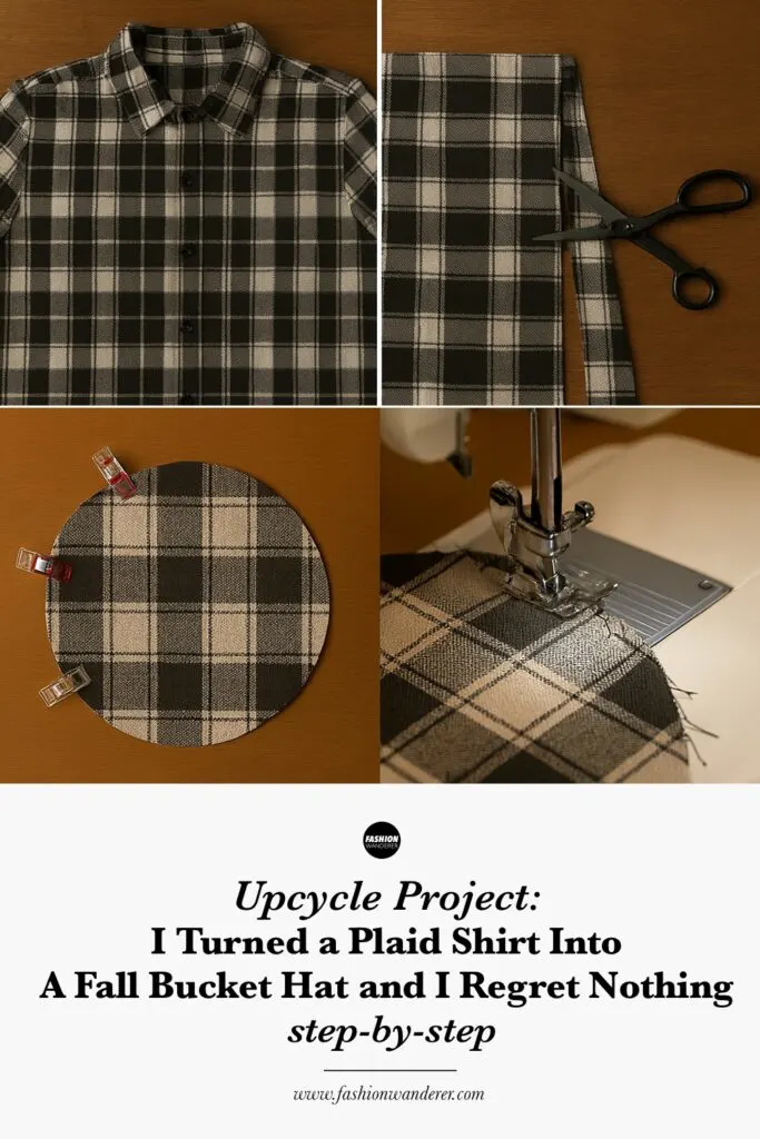 Step-by-step tutorial to upcycle a fall bucket hat from a plaid shirt.