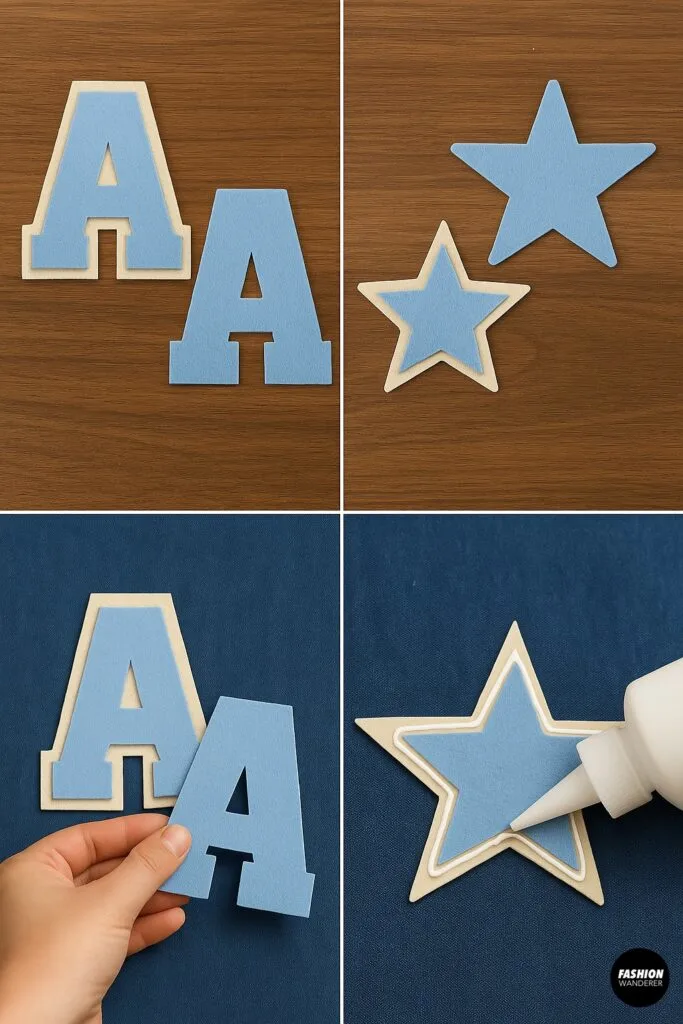 Layering blue felt varsity letters and stars with cream borders and fabric glue to assemble DIY varsity jacket patches.