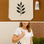 Before-and-after collage showing a completed pillowcase tote bag with a black leaf design and a woman modeling the finished no-sew tote bag.