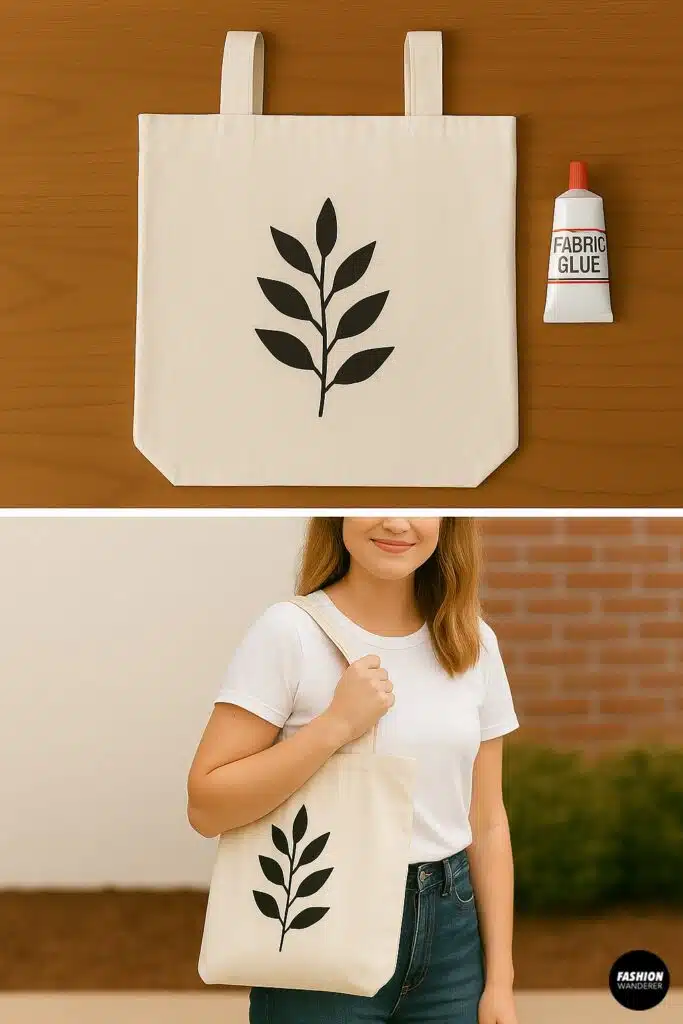 Before-and-after collage showing a completed pillowcase tote bag with a black leaf design and a woman modeling the finished no-sew tote bag.